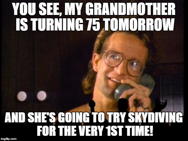 YOU SEE, MY GRANDMOTHER IS TURNING 75 TOMORROW; AND SHE'S GOING TO TRY SKYDIVING FOR THE VERY 1ST TIME! | image tagged in time chasers | made w/ Imgflip meme maker