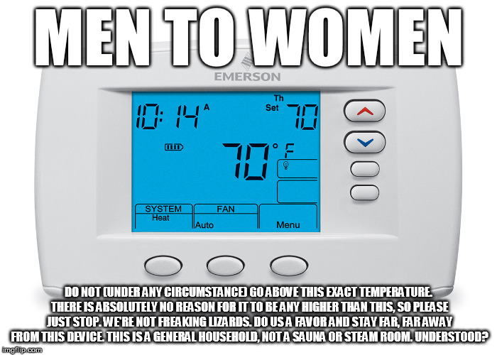 Man's Property | MEN TO WOMEN; DO NOT (UNDER ANY CIRCUMSTANCE) GO ABOVE THIS EXACT TEMPERATURE. THERE IS ABSOLUTELY NO REASON FOR IT TO BE ANY HIGHER THAN THIS, SO PLEASE JUST STOP. WE'RE NOT FREAKING LIZARDS. DO US A FAVOR AND STAY FAR, FAR AWAY FROM THIS DEVICE. THIS IS A GENERAL HOUSEHOLD, NOT A SAUNA OR STEAM ROOM. UNDERSTOOD? | image tagged in memes,thermostat | made w/ Imgflip meme maker