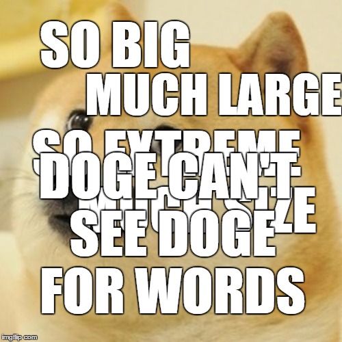 Doge Meme | SO BIG MUCH LARGE SO EXTREME MUCH SIZE DOGE CAN'T SEE DOGE FOR WORDS | image tagged in memes,doge | made w/ Imgflip meme maker
