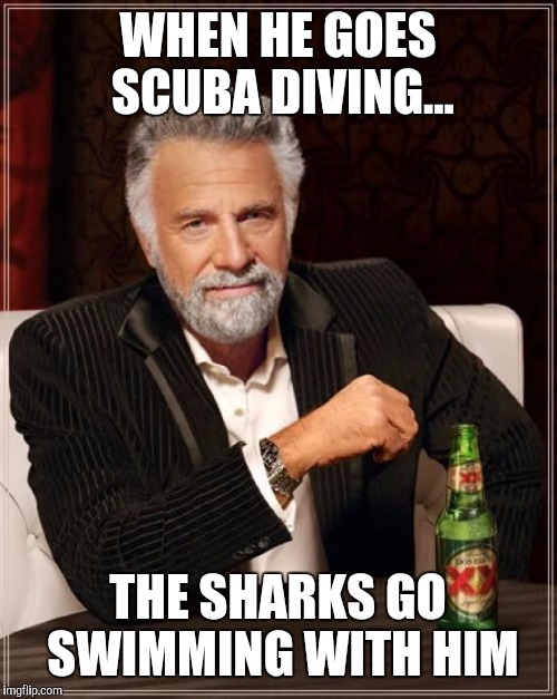 The Most Interesting Man In The World Meme | WHEN HE GOES SCUBA DIVING... THE SHARKS GO SWIMMING WITH HIM | image tagged in memes,the most interesting man in the world | made w/ Imgflip meme maker