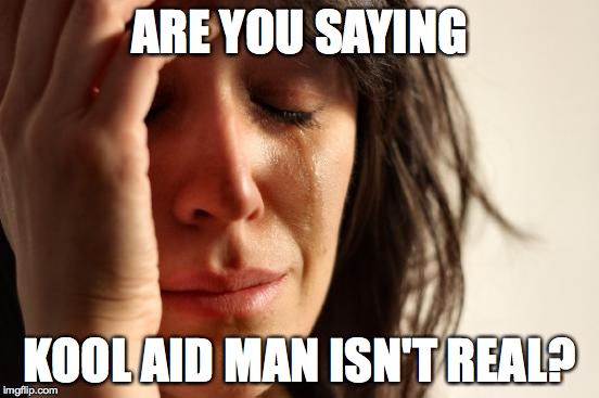 First World Problems Meme | ARE YOU SAYING KOOL AID MAN ISN'T REAL? | image tagged in memes,first world problems | made w/ Imgflip meme maker