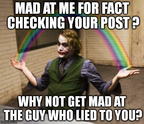 Joker Rainbow Hands Meme | MAD AT ME FOR FACT CHECKING YOUR POST ? WHY NOT GET MAD AT THE GUY WHO LIED TO YOU? | image tagged in memes,joker rainbow hands | made w/ Imgflip meme maker