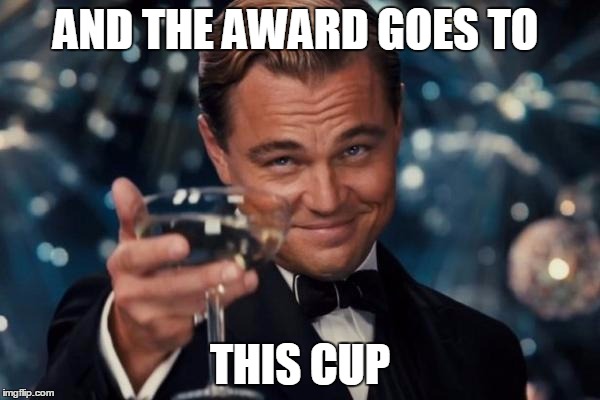 Leonardo Dicaprio Cheers | AND THE AWARD GOES TO; THIS CUP | image tagged in memes,leonardo dicaprio cheers | made w/ Imgflip meme maker