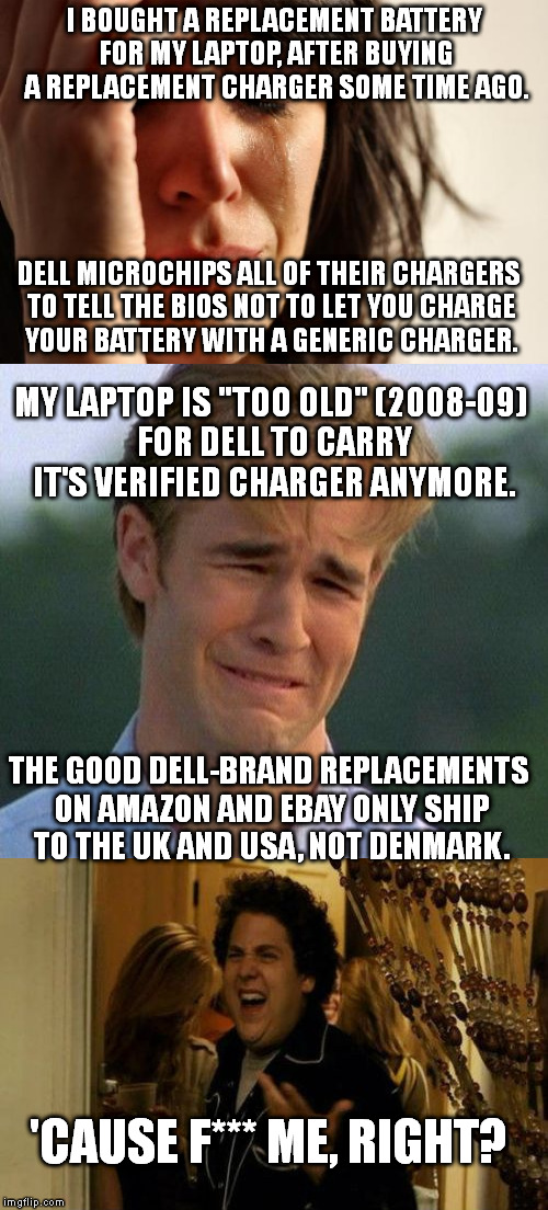First World, Old Laptop Problems. | I BOUGHT A REPLACEMENT BATTERY FOR MY LAPTOP, AFTER BUYING A REPLACEMENT CHARGER SOME TIME AGO. DELL MICROCHIPS ALL OF THEIR CHARGERS TO TELL THE BIOS NOT TO LET YOU CHARGE YOUR BATTERY WITH A GENERIC CHARGER. MY LAPTOP IS "TOO OLD" (2008-09) FOR DELL TO CARRY IT'S VERIFIED CHARGER ANYMORE. THE GOOD DELL-BRAND REPLACEMENTS ON AMAZON AND EBAY ONLY SHIP TO THE UK AND USA, NOT DENMARK. 'CAUSE F*** ME, RIGHT? | image tagged in first world problems,1990s first world problems,dell,laptop | made w/ Imgflip meme maker