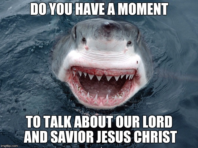 Shark | DO YOU HAVE A MOMENT; TO TALK ABOUT OUR LORD AND SAVIOR JESUS CHRIST | image tagged in shark | made w/ Imgflip meme maker