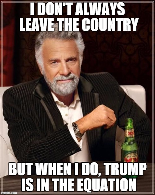 The Most Interesting Man In The World | I DON'T ALWAYS LEAVE THE COUNTRY; BUT WHEN I DO, TRUMP IS IN THE EQUATION | image tagged in memes,the most interesting man in the world | made w/ Imgflip meme maker