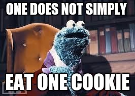 Cookie monster | ONE DOES NOT SIMPLY; EAT ONE COOKIE | image tagged in cookie monster | made w/ Imgflip meme maker