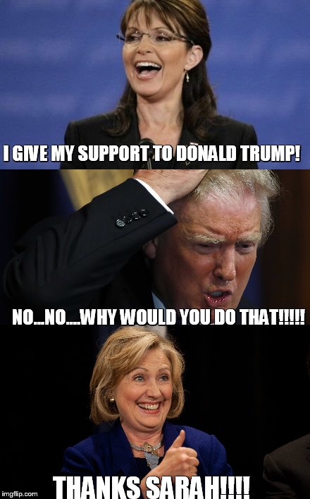 now trump is in trouble |  I GIVE MY SUPPORT TO DONALD TRUMP! NO...NO....WHY WOULD YOU DO THAT!!!!! THANKS SARAH!!!! | image tagged in donald trump,sarah palin,hillary clinton | made w/ Imgflip meme maker