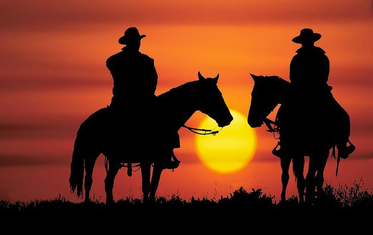 Cowboys riding off into the sunset together Blank Meme Template