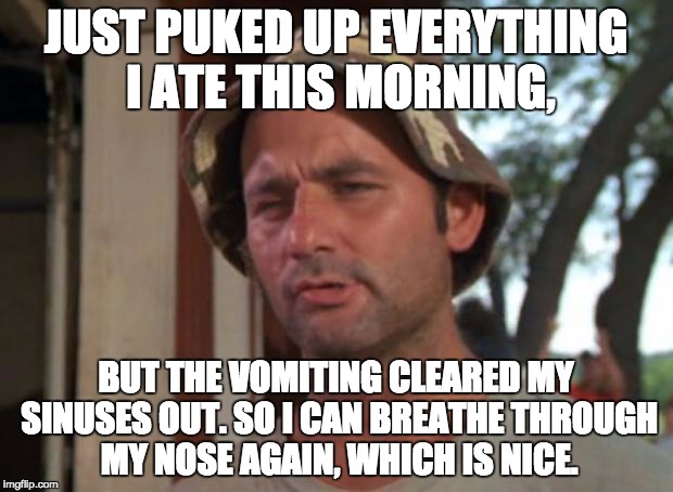 So I Got That Goin For Me Which Is Nice Meme | JUST PUKED UP EVERYTHING I ATE THIS MORNING, BUT THE VOMITING CLEARED MY SINUSES OUT. SO I CAN BREATHE THROUGH MY NOSE AGAIN, WHICH IS NICE. | image tagged in memes,so i got that goin for me which is nice,BabyBumps | made w/ Imgflip meme maker