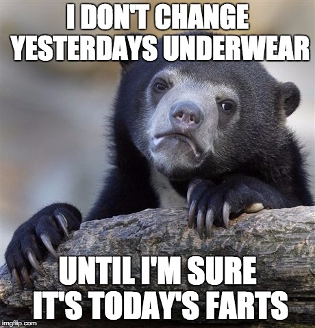 Confession Bear | I DON'T CHANGE YESTERDAYS UNDERWEAR; UNTIL I'M SURE IT'S TODAY'S FARTS | image tagged in memes,confession bear | made w/ Imgflip meme maker