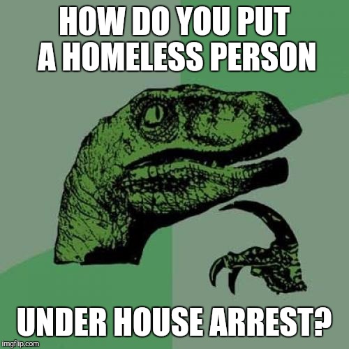 Philosoraptor | HOW DO YOU PUT A HOMELESS PERSON; UNDER HOUSE ARREST? | image tagged in memes,philosoraptor | made w/ Imgflip meme maker