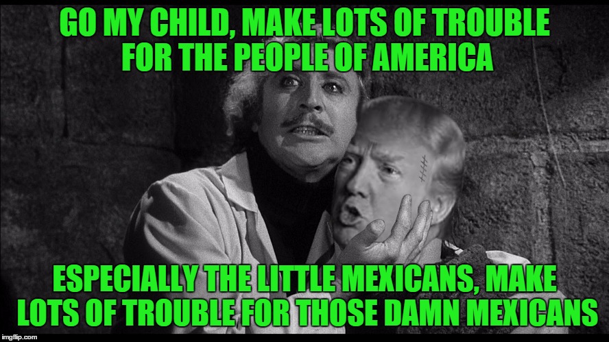 Trumpenstein | GO MY CHILD, MAKE LOTS OF TROUBLE FOR THE PEOPLE OF AMERICA ESPECIALLY THE LITTLE MEXICANS, MAKE LOTS OF TROUBLE FOR THOSE DAMN MEXICANS | image tagged in trumpenstein | made w/ Imgflip meme maker