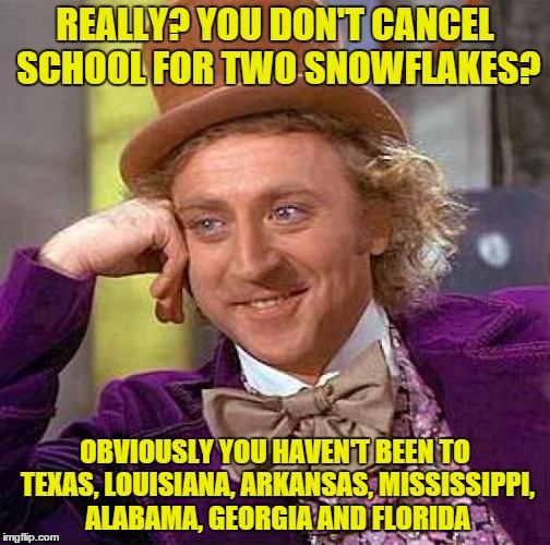 Creepy Condescending Wonka Meme | REALLY? YOU DON'T CANCEL SCHOOL FOR TWO SNOWFLAKES? OBVIOUSLY YOU HAVEN'T BEEN TO TEXAS, LOUISIANA, ARKANSAS, MISSISSIPPI, ALABAMA, GEORGIA  | image tagged in memes,creepy condescending wonka | made w/ Imgflip meme maker