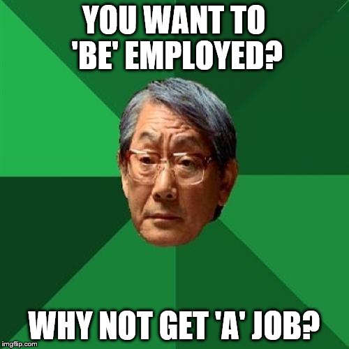 YOU WANT TO 'BE' EMPLOYED? WHY NOT GET 'A' JOB? | made w/ Imgflip meme maker