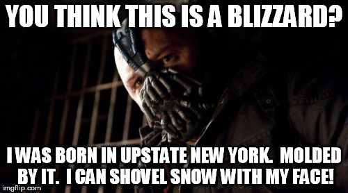 Permission Bane Meme | YOU THINK THIS IS A BLIZZARD? I WAS BORN IN UPSTATE NEW YORK.  MOLDED BY IT.  I CAN SHOVEL SNOW WITH MY FACE! | image tagged in memes,permission bane | made w/ Imgflip meme maker