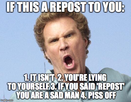 this is a meme based off a meme | IF THIS A REPOST TO YOU:; 1. IT ISN'T 
2. YOU'RE LYING TO YOURSELF
3. IF YOU SAID 'REPOST' YOU ARE A SAD MAN 4. PISS OFF | image tagged in will ferrell no,memes,funny,repost | made w/ Imgflip meme maker