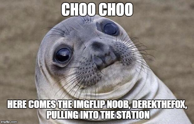 CHOO CHOO HERE COMES THE IMGFLIP NOOB, DEREKTHEFOX, PULLING INTO THE STATION | image tagged in memes,awkward moment sealion | made w/ Imgflip meme maker