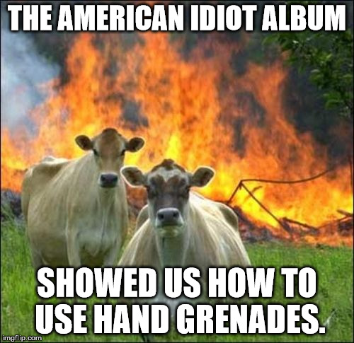 Evil Cows | THE AMERICAN IDIOT ALBUM; SHOWED US HOW TO USE HAND GRENADES. | image tagged in memes,evil cows | made w/ Imgflip meme maker