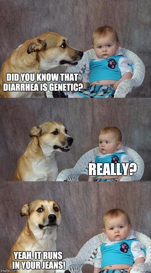 Dad Joke Dog | DID YOU KNOW THAT DIARRHEA IS GENETIC? REALLY? YEAH, IT RUNS IN YOUR JEANS! | image tagged in memes,dad joke dog | made w/ Imgflip meme maker