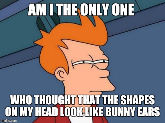 Futurama Fry Meme | AM I THE ONLY ONE; WHO THOUGHT THAT THE SHAPES ON MY HEAD LOOK LIKE BUNNY EARS | image tagged in memes,futurama fry | made w/ Imgflip meme maker