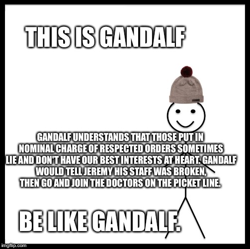 Be Like Bill | THIS IS GANDALF; GANDALF UNDERSTANDS THAT THOSE PUT IN NOMINAL CHARGE OF RESPECTED ORDERS SOMETIMES LIE AND DON'T HAVE OUR BEST INTERESTS AT HEART.
GANDALF WOULD TELL JEREMY HIS STAFF WAS BROKEN, THEN GO AND JOIN THE DOCTORS ON THE PICKET LINE. BE LIKE GANDALF. | image tagged in be like bill template | made w/ Imgflip meme maker