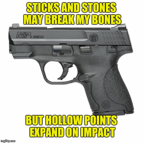 Guns  | STICKS AND STONES MAY BREAK MY BONES; BUT HOLLOW POINTS EXPAND ON IMPACT | image tagged in guns | made w/ Imgflip meme maker