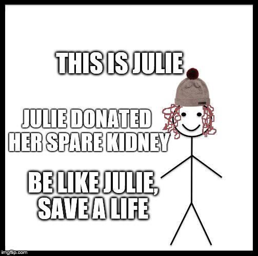 Be Like Bill | THIS IS JULIE; JULIE DONATED HER SPARE KIDNEY; BE LIKE JULIE, SAVE A LIFE | image tagged in be like bill template | made w/ Imgflip meme maker