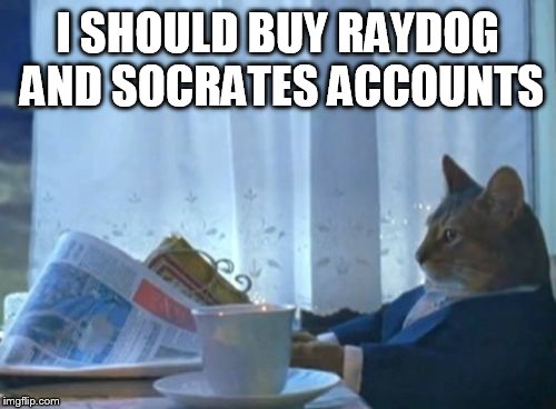 I Should Buy A Boat Cat | I SHOULD BUY RAYDOG AND SOCRATES ACCOUNTS | image tagged in memes,i should buy a boat cat | made w/ Imgflip meme maker