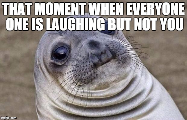 Awkward Moment Sealion | THAT MOMENT WHEN EVERYONE ONE IS LAUGHING BUT NOT YOU | image tagged in memes,awkward moment sealion | made w/ Imgflip meme maker