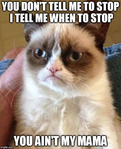 Grumpy Cat | YOU DON'T TELL ME TO STOP I TELL ME WHEN TO STOP; YOU AIN'T MY MAMA | image tagged in memes,grumpy cat | made w/ Imgflip meme maker