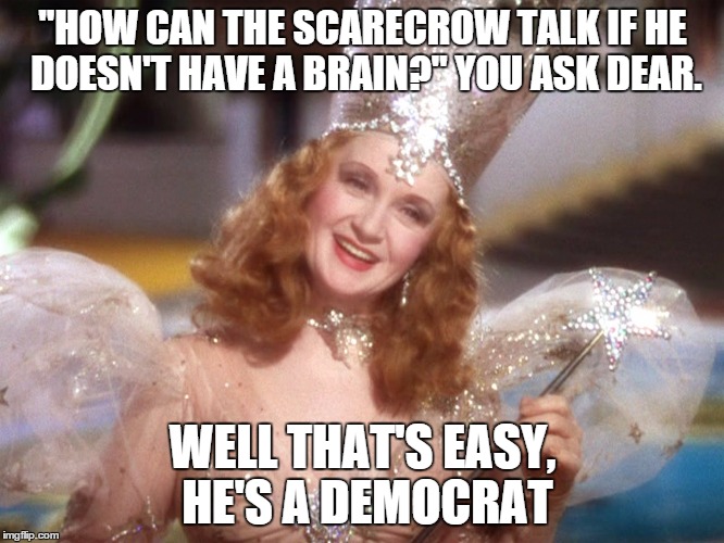 Democrat musings | "HOW CAN THE SCARECROW TALK IF HE DOESN'T HAVE A BRAIN?" YOU ASK DEAR. WELL THAT'S EASY, HE'S A DEMOCRAT | image tagged in good witch wizard of oz neoliberalism meme | made w/ Imgflip meme maker