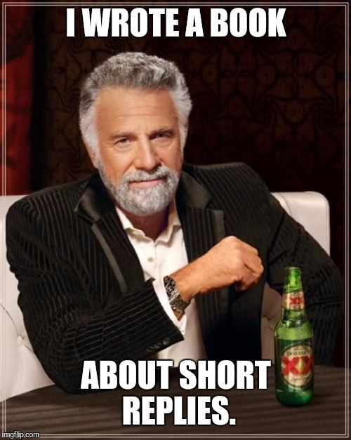 The Most Interesting Man In The World Meme | I WROTE A BOOK ABOUT SHORT REPLIES. | image tagged in memes,the most interesting man in the world | made w/ Imgflip meme maker