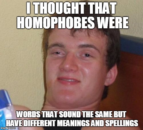 10 Guy Meme | I THOUGHT THAT HOMOPHOBES WERE WORDS THAT SOUND THE SAME BUT HAVE DIFFERENT MEANINGS AND SPELLINGS | image tagged in memes,10 guy | made w/ Imgflip meme maker