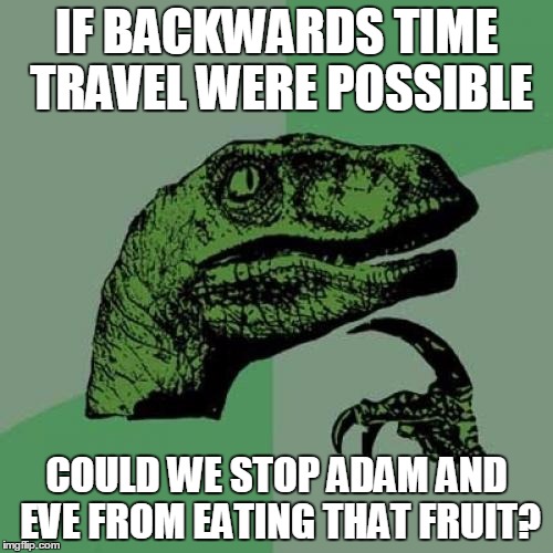 Philosoraptor | IF BACKWARDS TIME TRAVEL WERE POSSIBLE; COULD WE STOP ADAM AND EVE FROM EATING THAT FRUIT? | image tagged in memes,philosoraptor | made w/ Imgflip meme maker