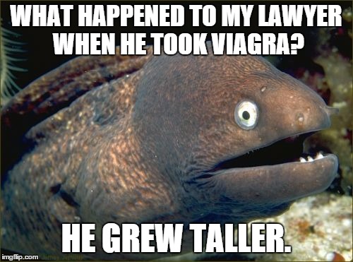 Bad Joke Eel Meme | WHAT HAPPENED TO MY LAWYER WHEN HE TOOK VIAGRA? HE GREW TALLER. | image tagged in memes,bad joke eel | made w/ Imgflip meme maker