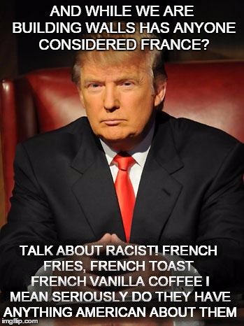 Serious Trump | AND WHILE WE ARE BUILDING WALLS HAS ANYONE CONSIDERED FRANCE? TALK ABOUT RACIST! FRENCH FRIES, FRENCH TOAST, FRENCH VANILLA COFFEE I MEAN SERIOUSLY DO THEY HAVE ANYTHING AMERICAN ABOUT THEM | image tagged in serious trump | made w/ Imgflip meme maker