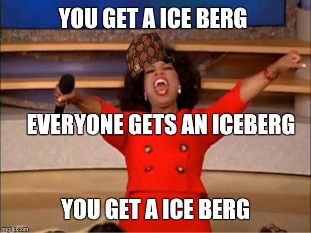 Oprah You Get A Meme | YOU GET A ICE BERG YOU GET A ICE BERG EVERYONE GETS AN ICEBERG | image tagged in memes,oprah you get a,scumbag | made w/ Imgflip meme maker