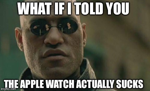 Matrix Morpheus | WHAT IF I TOLD YOU; THE APPLE WATCH ACTUALLY SUCKS | image tagged in memes,matrix morpheus | made w/ Imgflip meme maker