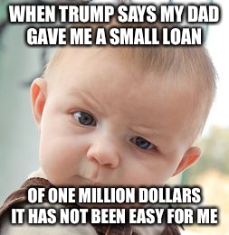 Skeptical Baby Meme | WHEN TRUMP SAYS MY DAD GAVE ME A SMALL LOAN; OF ONE MILLION DOLLARS IT HAS NOT BEEN EASY FOR ME | image tagged in memes,skeptical baby | made w/ Imgflip meme maker