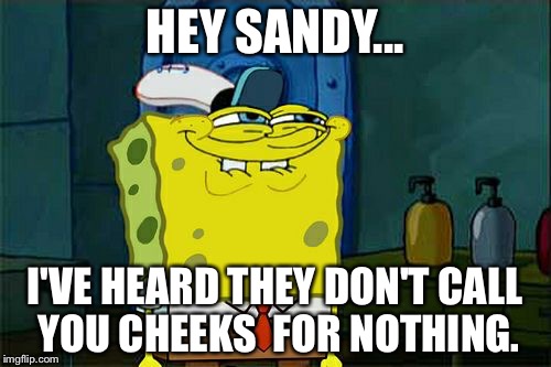 Don't You Squidward | HEY SANDY... I'VE HEARD THEY DON'T CALL YOU CHEEKS  FOR NOTHING. | image tagged in memes,dont you squidward | made w/ Imgflip meme maker