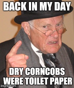 Back In My Day Meme | BACK IN MY DAY; DRY CORNCOBS WERE TOILET PAPER | image tagged in memes,back in my day | made w/ Imgflip meme maker