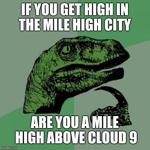 Philosoraptor | IF YOU GET HIGH IN THE MILE HIGH CITY; ARE YOU A MILE HIGH ABOVE CLOUD 9 | image tagged in memes,philosoraptor | made w/ Imgflip meme maker