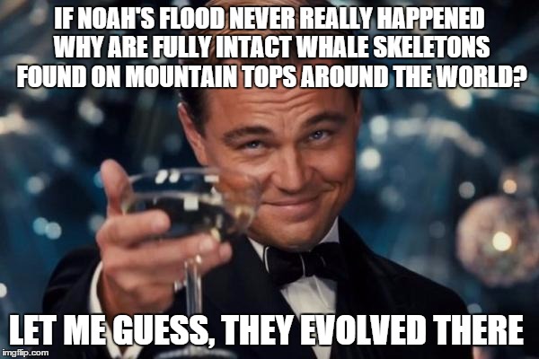Leonardo Dicaprio Cheers Meme | IF NOAH'S FLOOD NEVER REALLY HAPPENED WHY ARE FULLY INTACT WHALE SKELETONS FOUND ON MOUNTAIN TOPS AROUND THE WORLD? LET ME GUESS, THEY EVOLVED THERE | image tagged in memes,leonardo dicaprio cheers | made w/ Imgflip meme maker