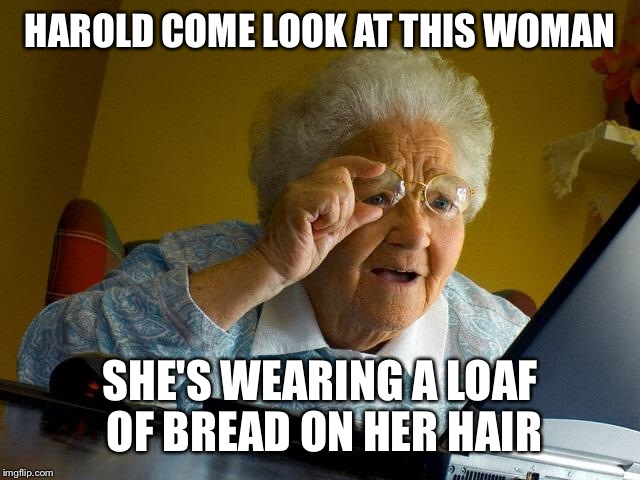 Grandma Finds The Internet Meme | HAROLD COME LOOK AT THIS WOMAN SHE'S WEARING A LOAF OF BREAD ON HER HAIR | image tagged in memes,grandma finds the internet | made w/ Imgflip meme maker