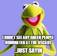 I DIDN'T SEE ANY GREEN PEOPLE NOMINATED AT THE OSCARS; ..JUST SAYIN | image tagged in oscars,racial,black,white,awards,kermit | made w/ Imgflip meme maker