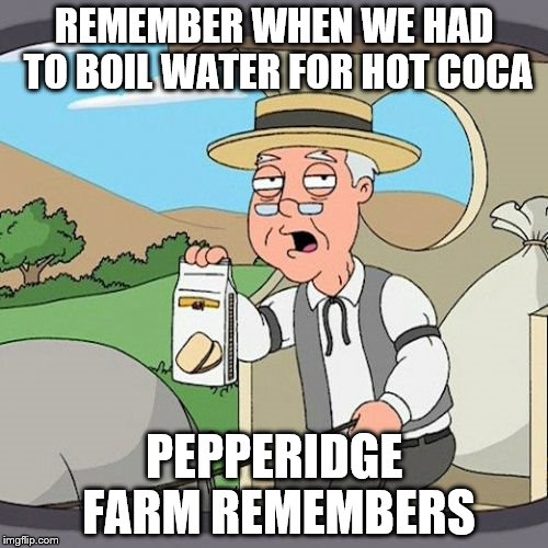 Pepperidge Farm Remembers Meme | REMEMBER WHEN WE HAD TO BOIL WATER FOR HOT COCA; PEPPERIDGE FARM REMEMBERS | image tagged in memes,pepperidge farm remembers | made w/ Imgflip meme maker