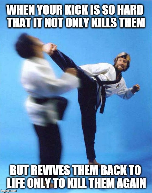 Roundhouse Kick Chuck Norris | WHEN YOUR KICK IS SO HARD THAT IT NOT ONLY KILLS THEM; BUT REVIVES THEM BACK TO LIFE ONLY TO KILL THEM AGAIN | image tagged in roundhouse kick chuck norris,kill,revive | made w/ Imgflip meme maker