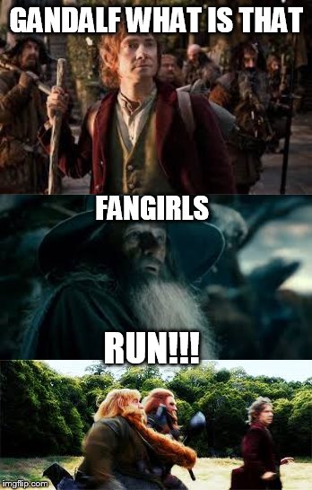 fangirls | GANDALF WHAT IS THAT; FANGIRLS; RUN!!! | image tagged in the hobbit | made w/ Imgflip meme maker