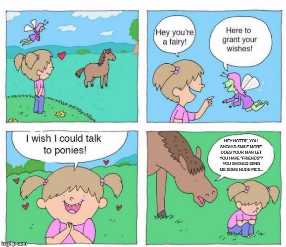 Misogyny Pony | HEY HOTTIE, YOU SHOULD SMILE MORE. DOES YOUR MAN LET YOU HAVE "FRIENDS"? YOU SHOULD SEND ME SOME NUDE PICS... | image tagged in talk to ponies,misogyny | made w/ Imgflip meme maker